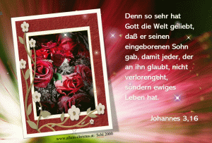 Johannes 3,16 - Denn so sehr hat Gott die Welt geliebt, dass er seinen eingeborenen Sohn gab, damit jeder, der an ihn glaubt, nicht verlorengeht, sondern ewiges Leben hat.